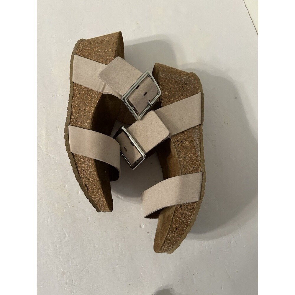 Bio-Gold Italian Leather Double Strap Buckle Cork Wedge Sandal beige Womens 9 - Picture 4 of 7
